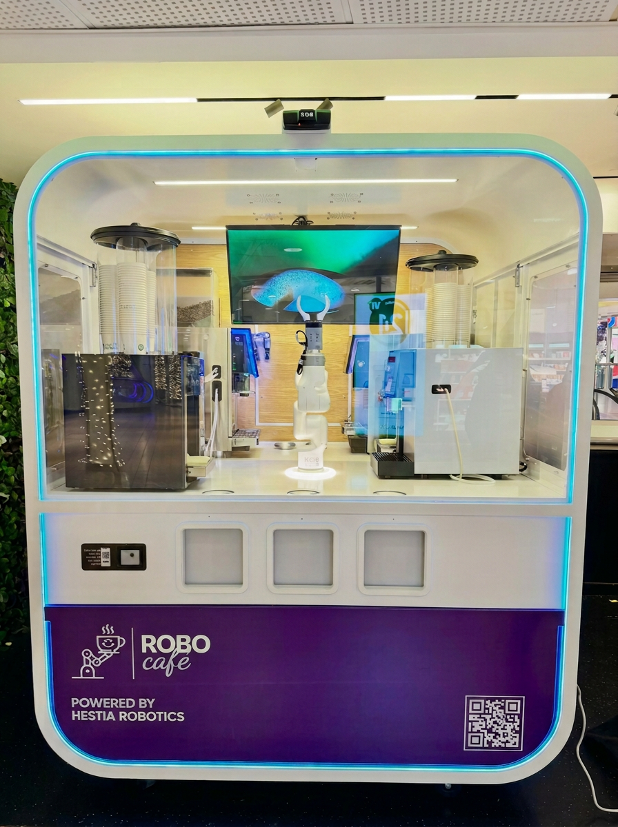 Hele RoboCafé robotbaristastasjonen — skjerm, robotarm og hentehyller
